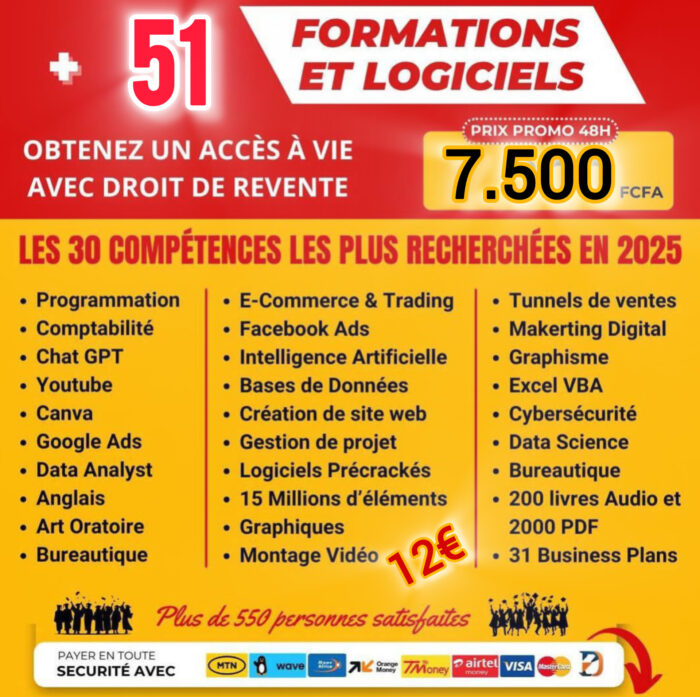 EXTRAORDINAIRE PACK DE 51+ FORMATIONS A SEULEMENT 7.500 FCFA